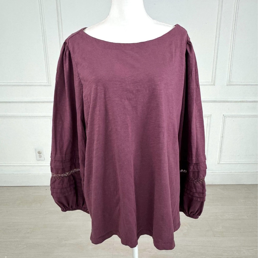 Lane Bryant Top Womens 22/24 Plum Purple Cotton Crochet Lace Balloon Sleeve Boho